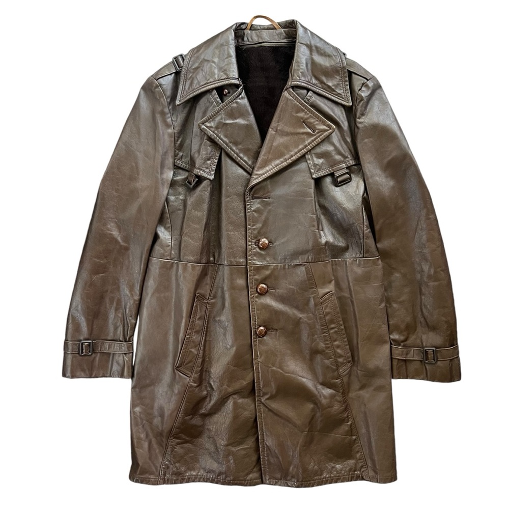Vintage Genuine Leather Womens Size 44 Brown Button Front Lined Long Trench Coat